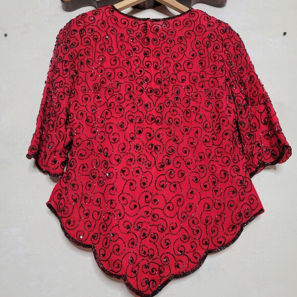 VTG Praise Hymn Fashions Pure Silk Red Bead Sequin Asymmetrical Formal Blouse✨️M - Picture 2 of 15